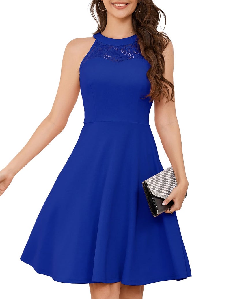 Bbonlinedress Halter Bridesmaid Formal Wedding Guest Short Cocktail Prom Teens Sleeveless Dress RoyalBlue L - Image 1